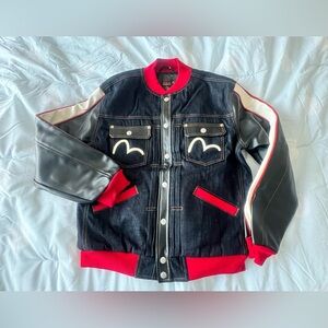 Evisu embroidered puff jacket, XXL,faux leather sleeves,inner pocket, like new